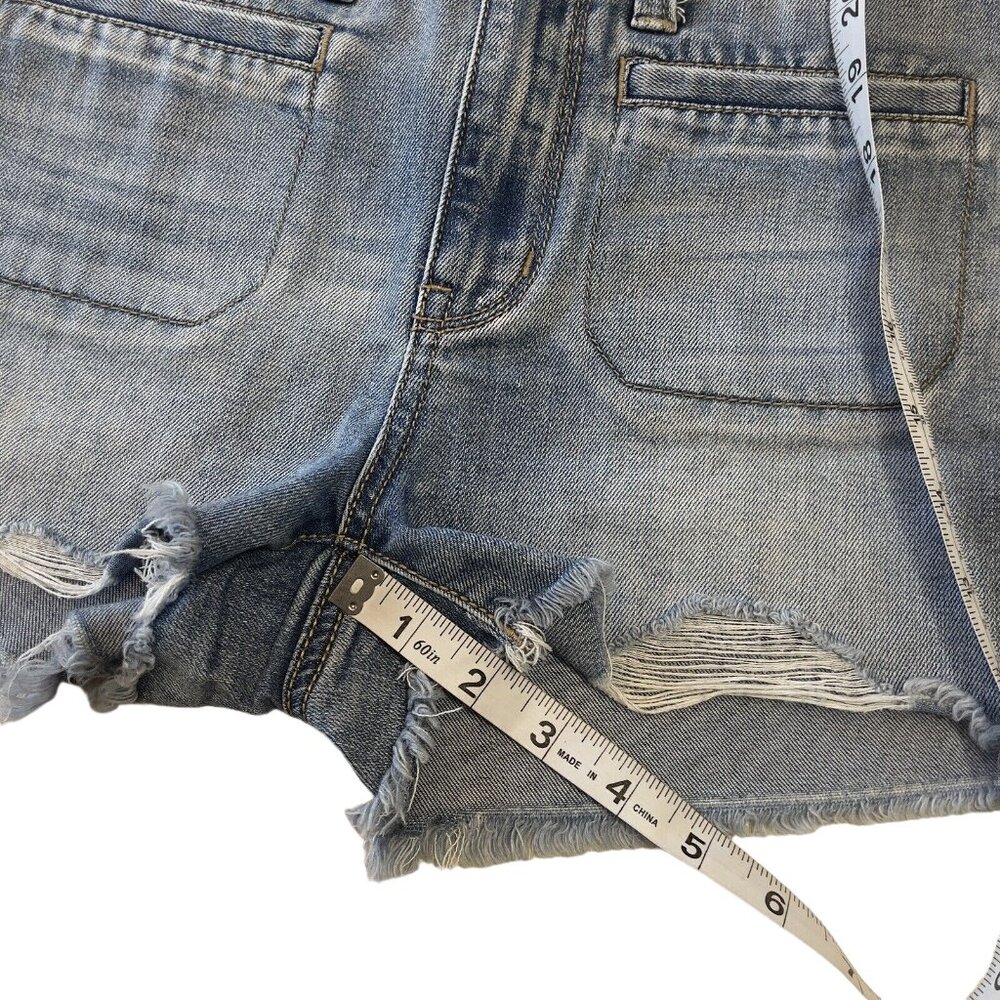 Mudd FLX Distressed Denim Jean Shortie Junior SZ 3 Blue Frayed Hem High Rise - Picture 8 of 10